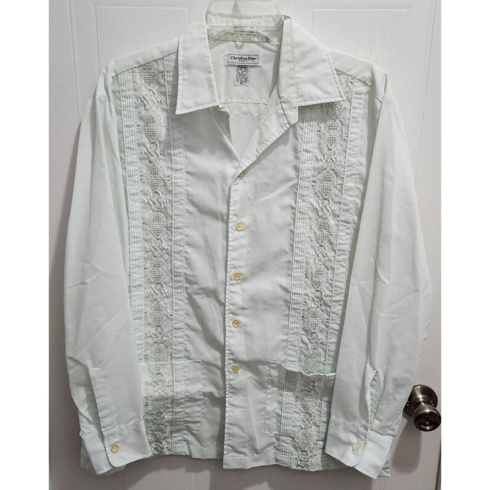 VTG Christian Dior Paris Polyester Irish Linen Cuban Long Sleeve Shirt Size L